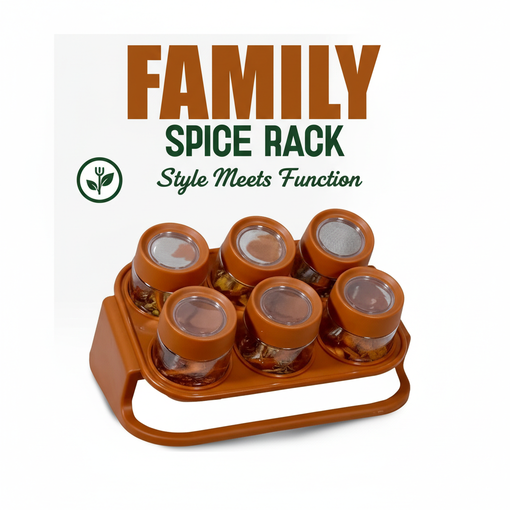 Spices Rack – 6-Piece Crystal Clear Plastic Jars with Rack