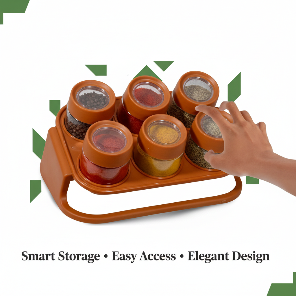 Spices Rack – 6-Piece Crystal Clear Plastic Jars with Rack