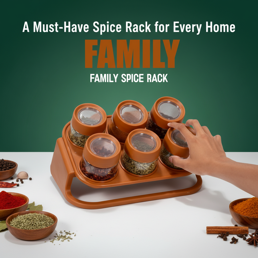Spices Rack – 6-Piece Crystal Clear Plastic Jars with Rack