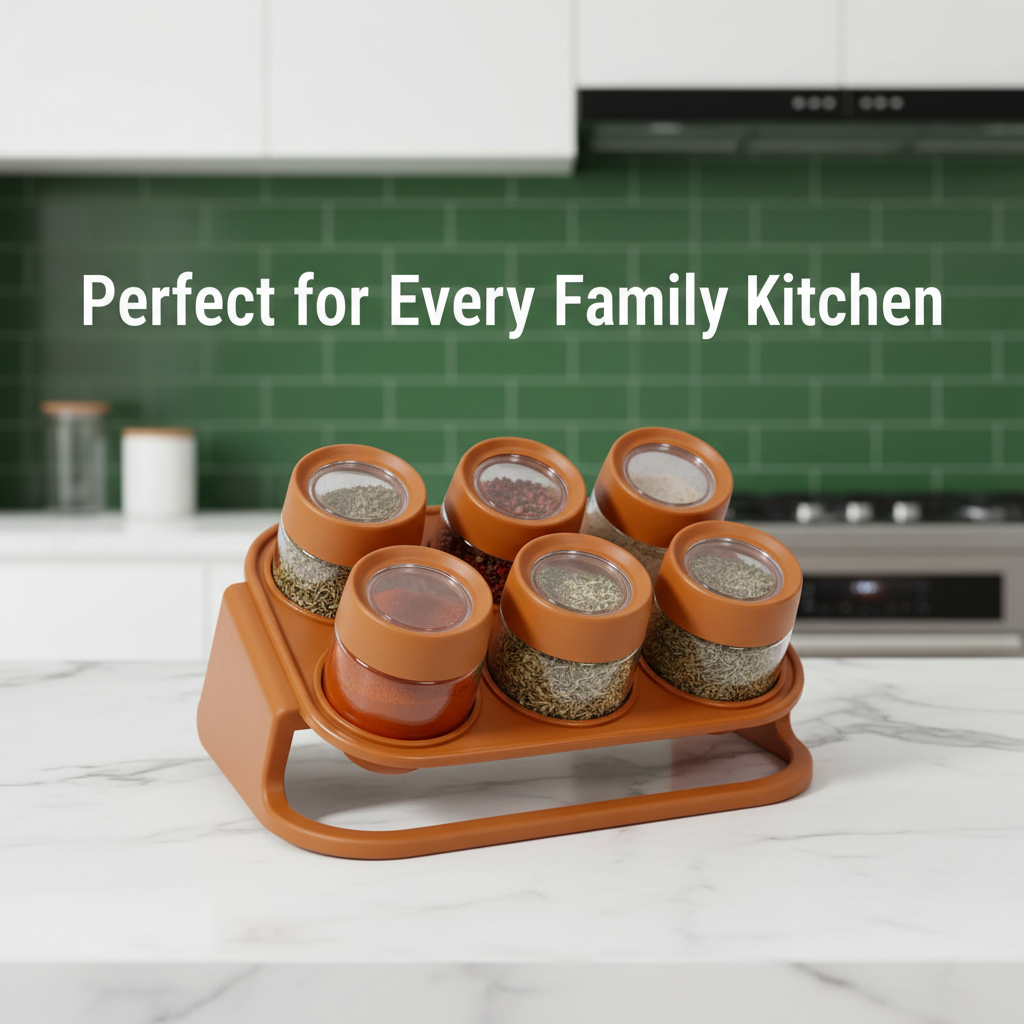Spices Rack – 6-Piece Crystal Clear Plastic Jars with Rack