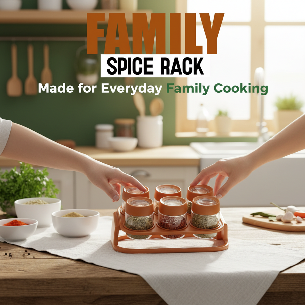 Spices Rack – 6-Piece Crystal Clear Plastic Jars with Rack